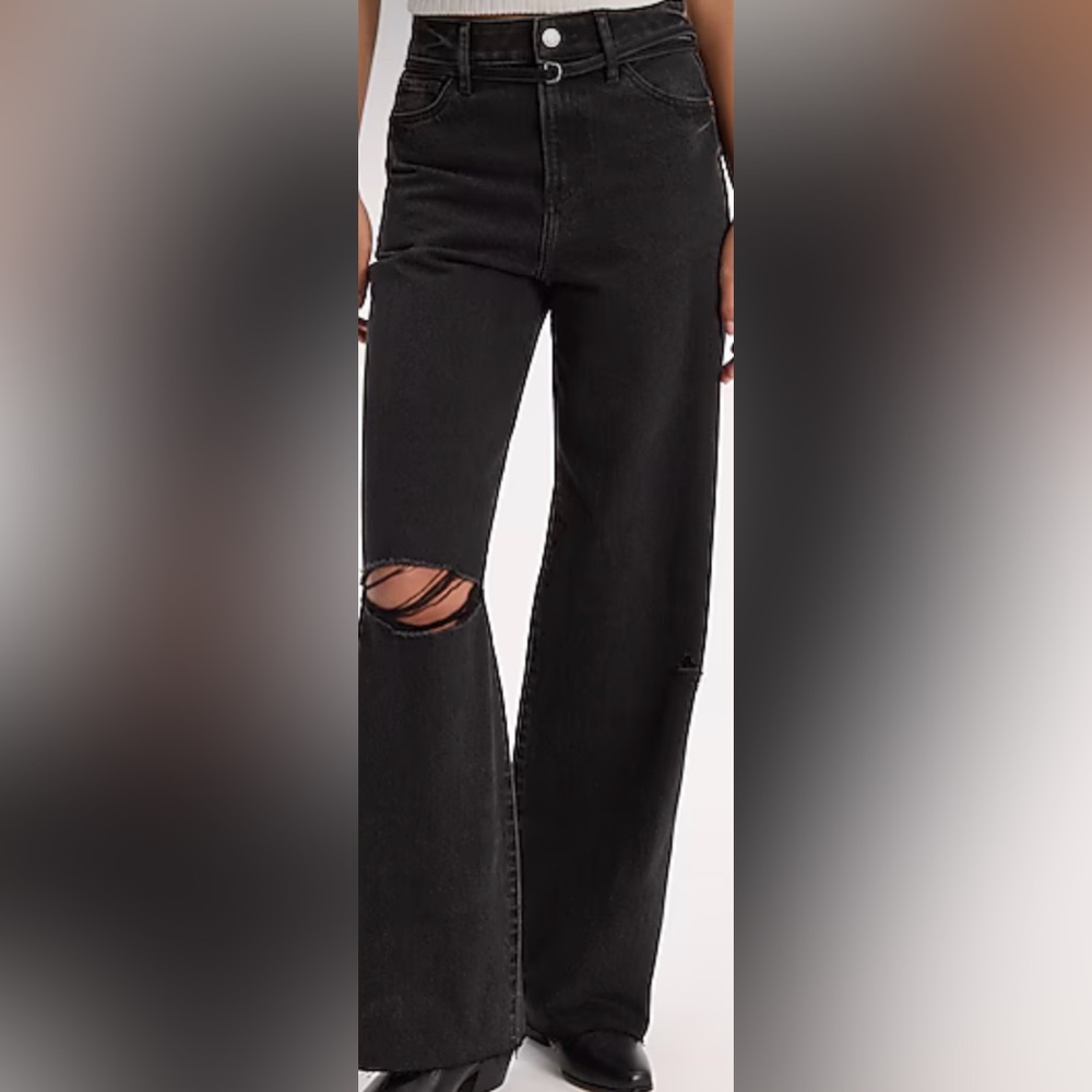 Express Black Wide Leg Flare Jeans with Knee Rip